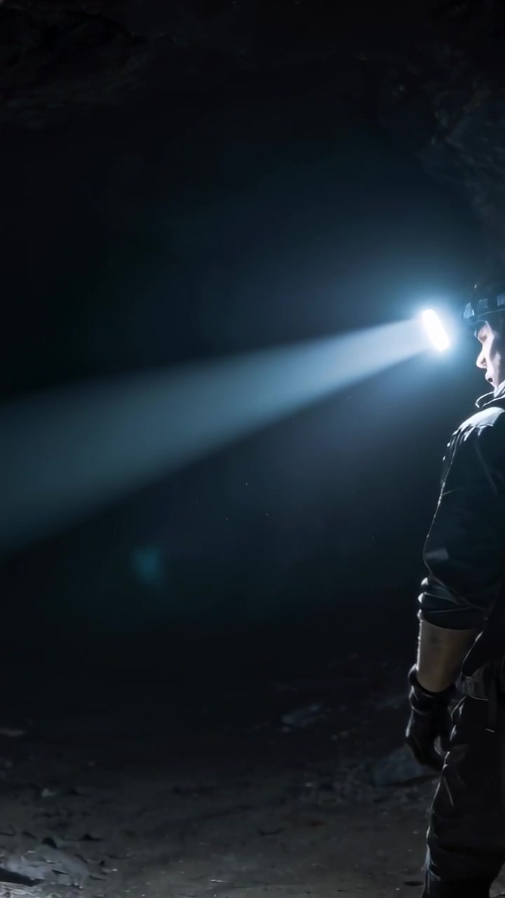 Vertical video: Headlamp turning on, man with pack stepping into cave, exploring inside, copy space