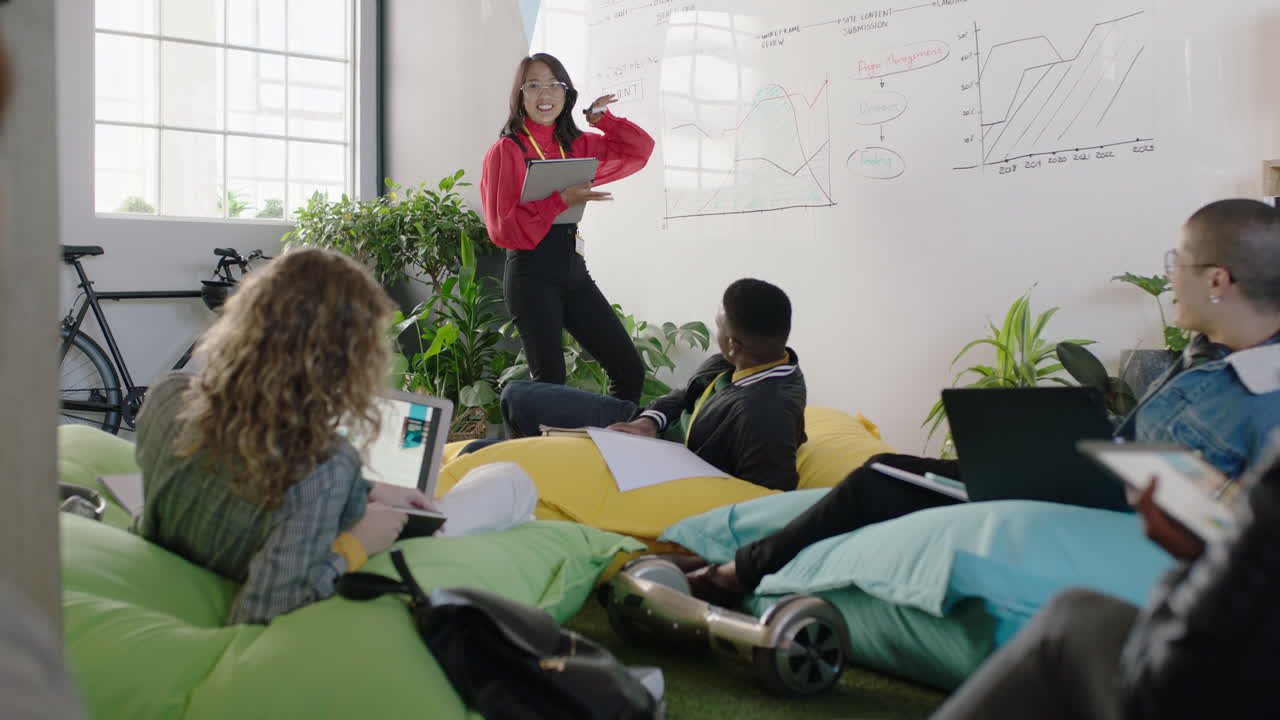 personas de negocios que se reúnen líder de equipo asiático mujer que presenta datos de mercado en pizarra lluvia de ideas que muestra a sus colegas la estrategia del proyecto información intercambio de ideas en la oficina presentación de información