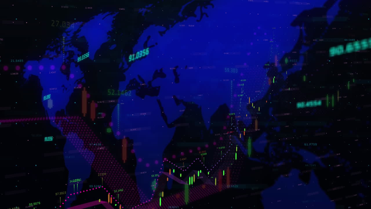 Animation of financial data processing over world map