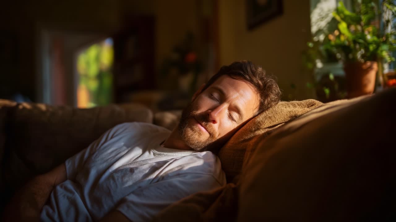 Afslappende øjeblik: En mand nyder en fredfyldt lur i en hyggelig sofa omgivet af naturligt lys og indendørs planter i et behageligt opholdsrum