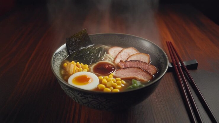 Ciotola fumante di ramen giapponese con maiale e uovo