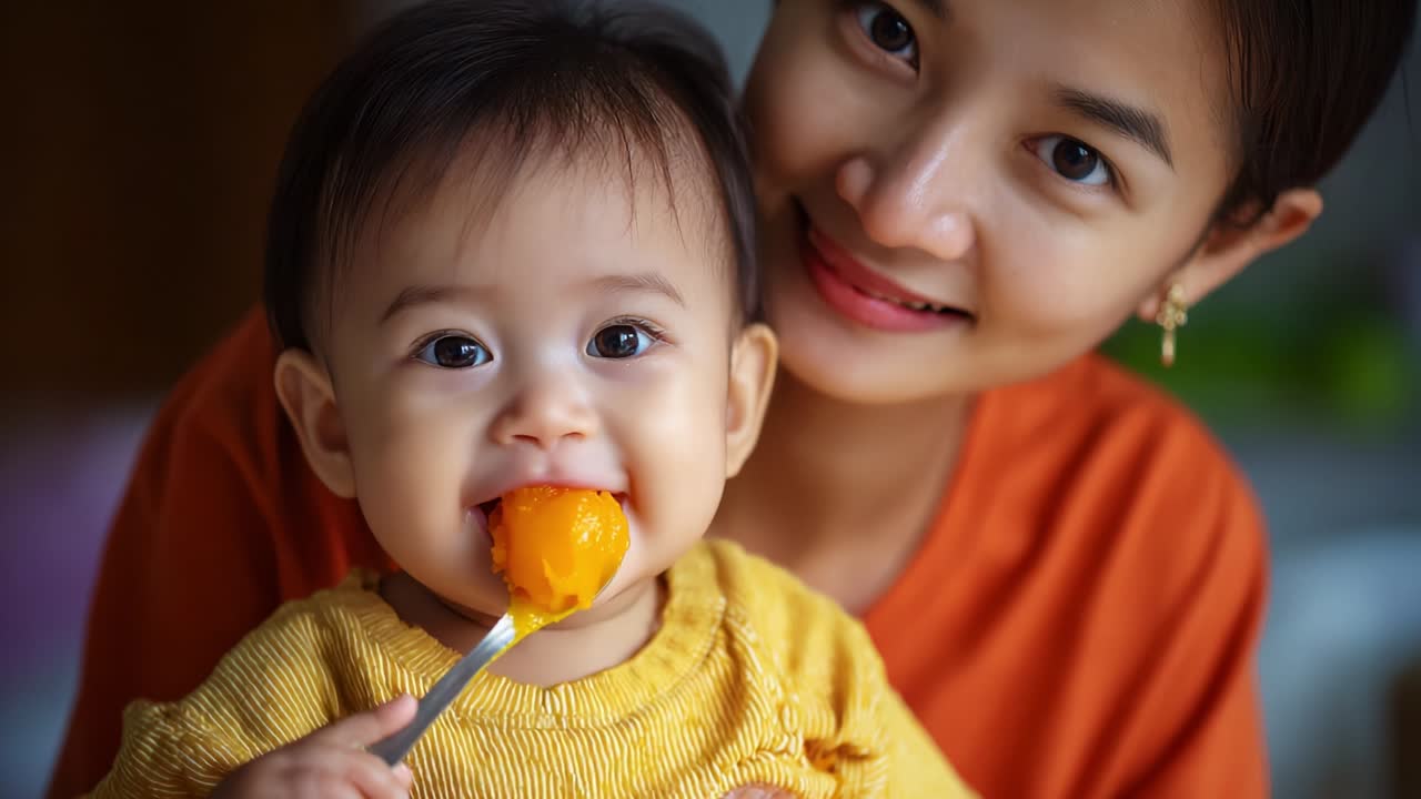A Heartwarming Moment Between a Loving Mother and Her Adorable Baby, Capturing their Joyful Interaction as They Share a Meal, Showcasing the Bond of Love and Care in a Warm Environment