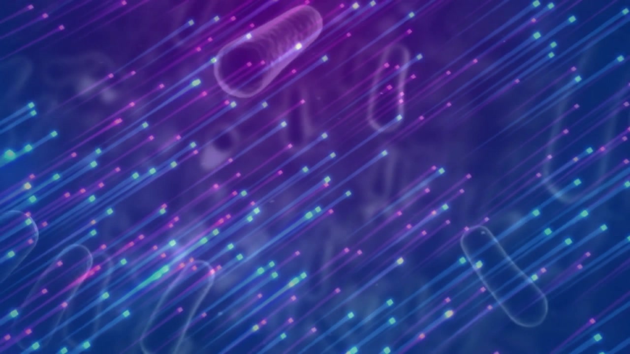 Capsules drifting across purple haze while neon streaks appearing creating looping motion