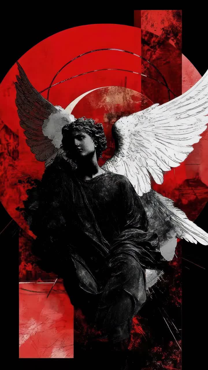 Dramatic low-angle shot of a dark angel statue with wings, set against a vivid red background