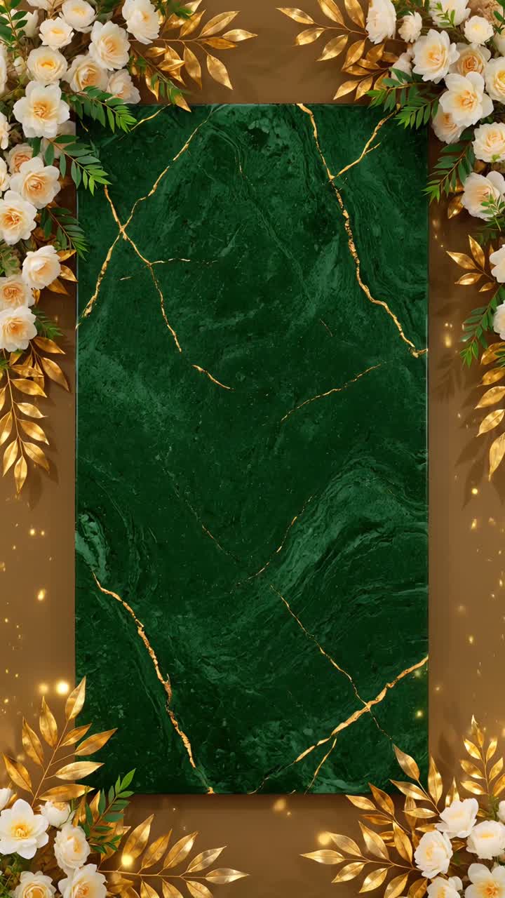 Elegant Wedding Background Emerald Marble Gold Floral Luxury Empty Center 4K