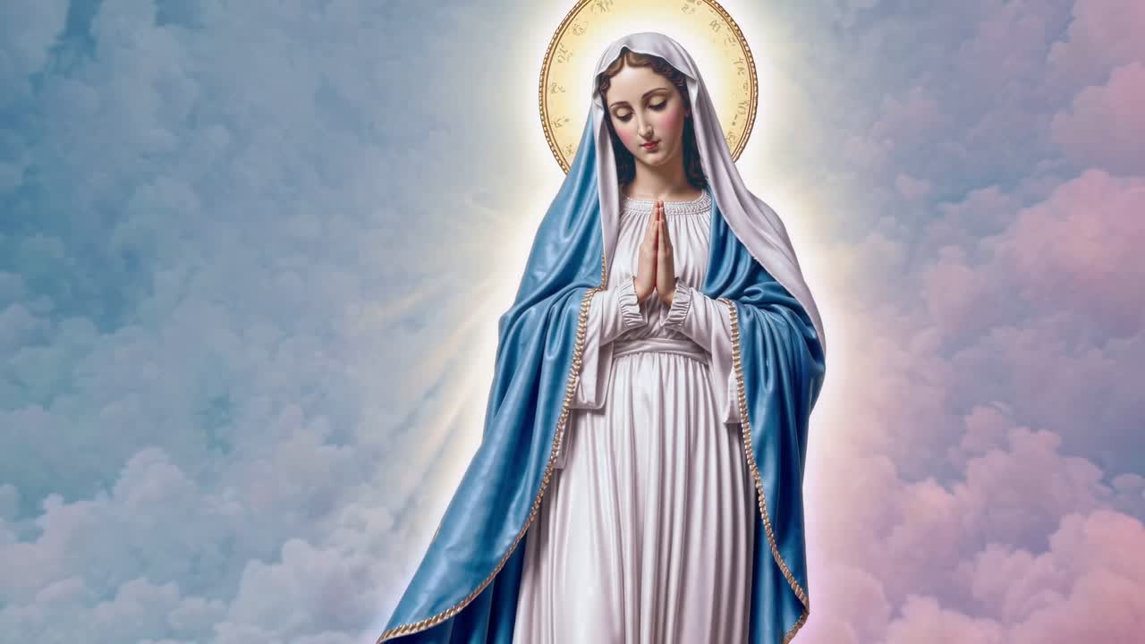 Statue of the Virgin Mary praying with joined hands, enveloped in a soft glow against pastel clouds, radiating peace, serenity, and divine presence