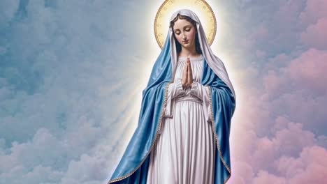 Statue of the Virgin Mary praying with joined hands, enveloped in a soft glow against pastel clouds, radiating peace, serenity, and divine presence
