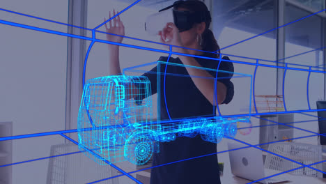 Animation-of-digital-3d-drawing-of-car-over-woman-using-vr-headset