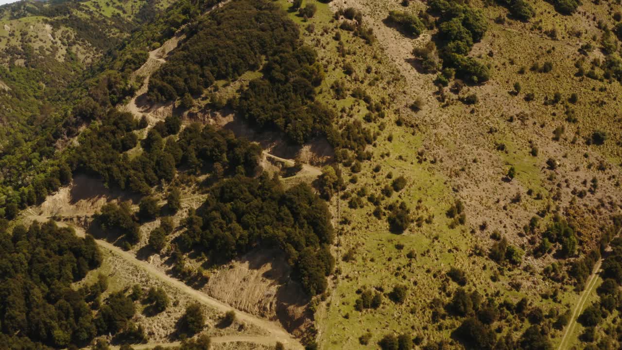 imágenes de drones de colinas y bosques con caminos que suben la colina