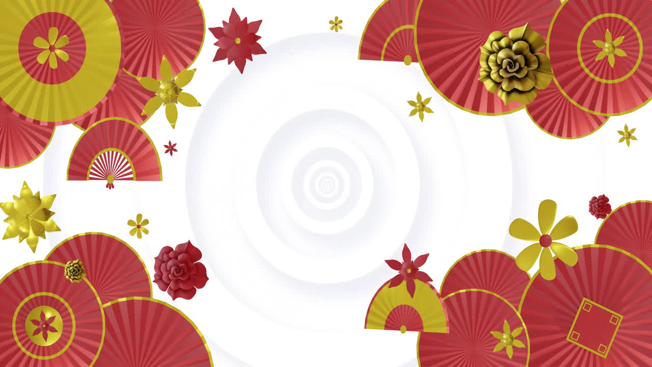 Red and gold floral and fan designs animation over white circular background