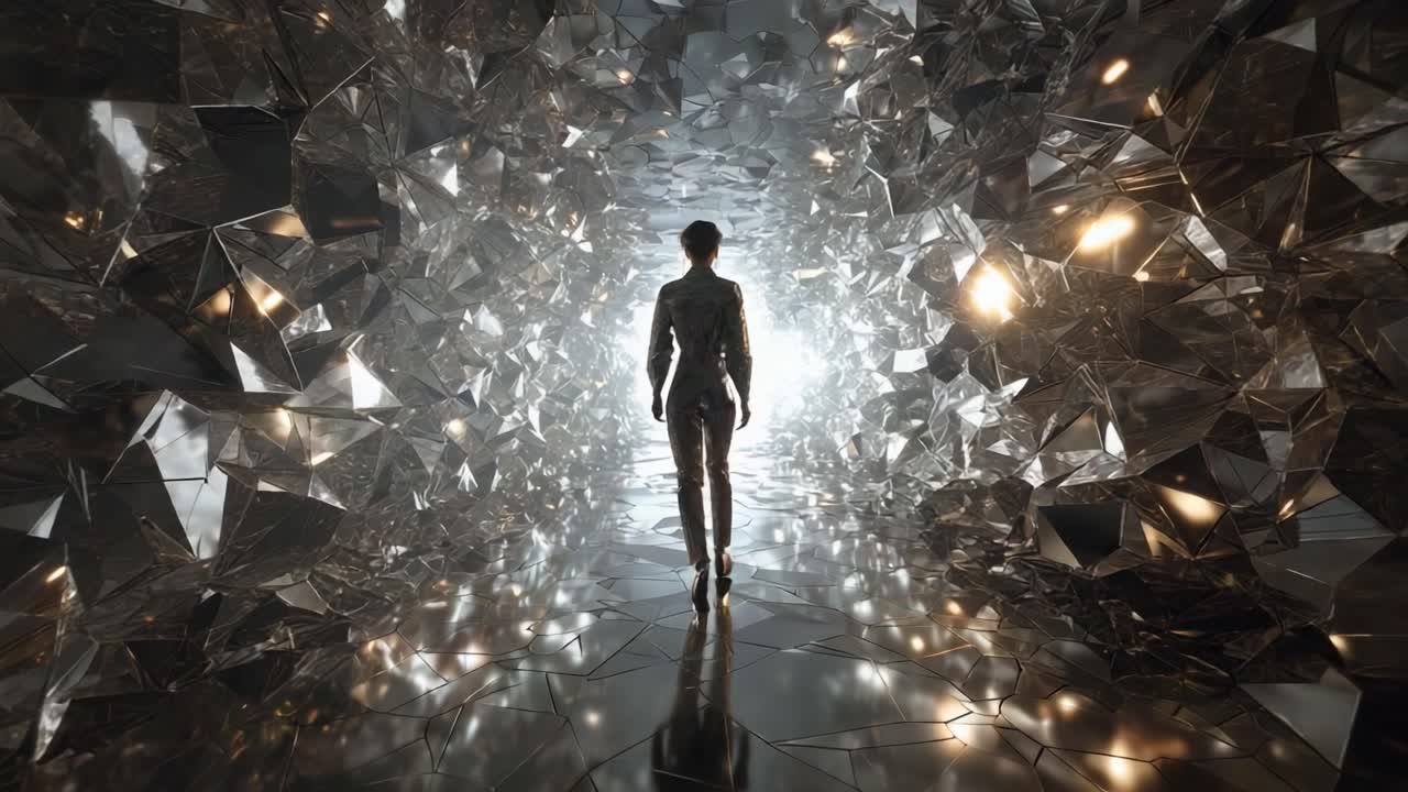 A person walking through an abstract tunnel of light and reflection
