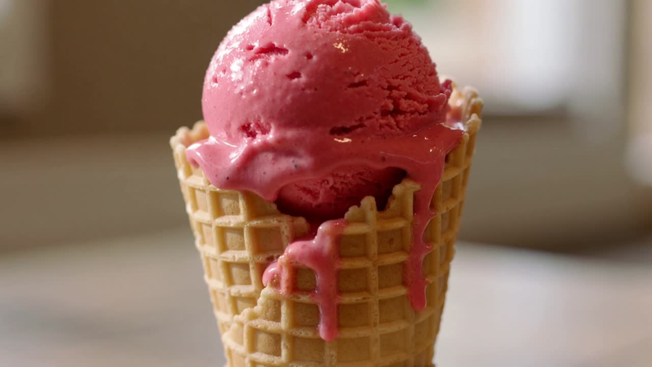 Luz solar cálida haciendo que una bola de helado rosa con borde de gofre roto se derrita en gotas sobre el mostrador.
