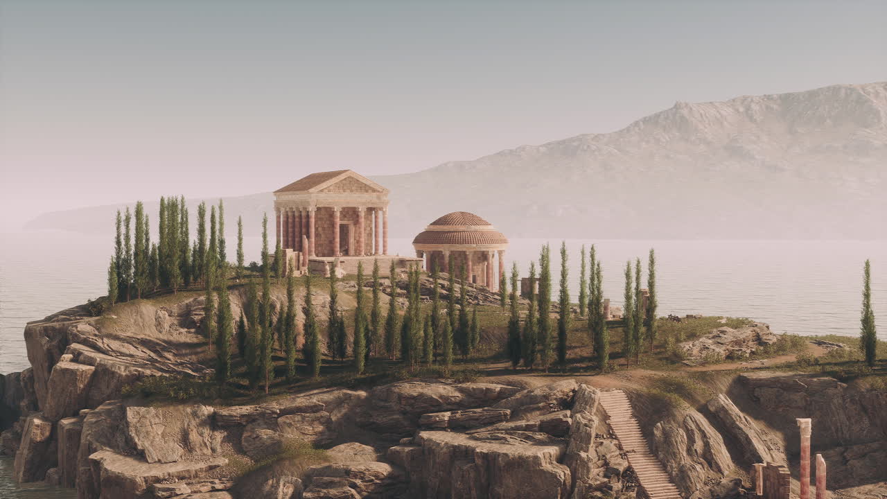 Ruins of an ancient roman temple overlooking the water at sunrise