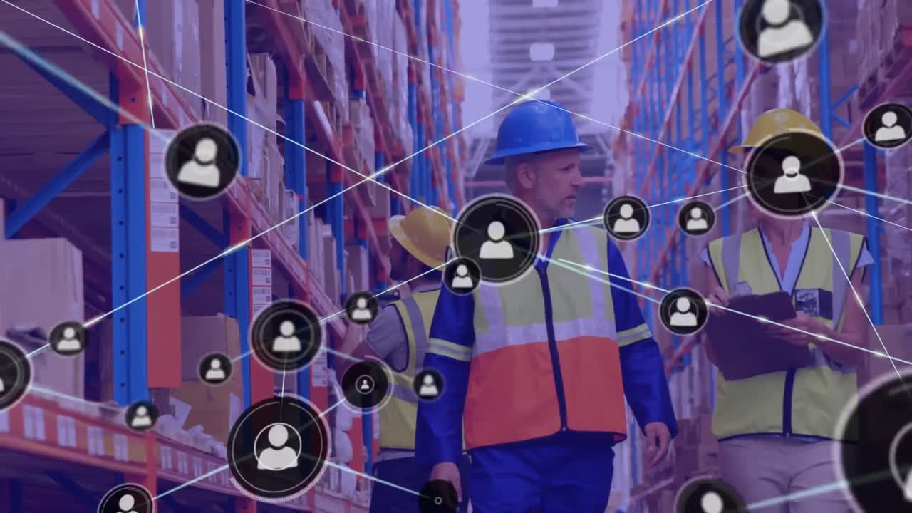 red de iconos de perfil contra los trabajadores caucásicos masculinos y femeninos discutiendo en el almacén