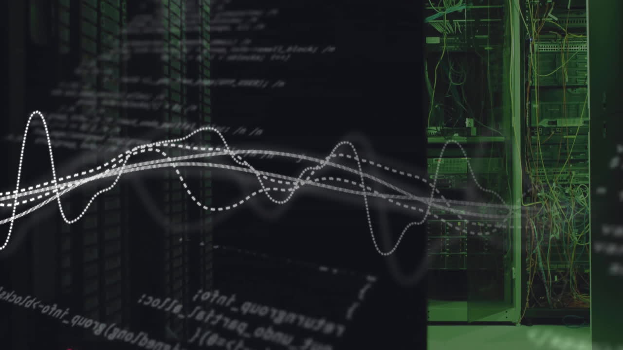 animación del procesamiento de datos y diagramas sobre la sala del servidor