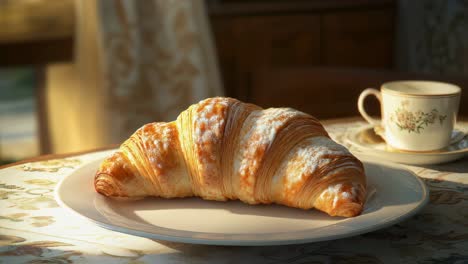 golden croissant dusted with powdered sugar resting on white plate near delicate teacup, completing elegant breakfast setting with patterned tablecloth in warm, soft illumination