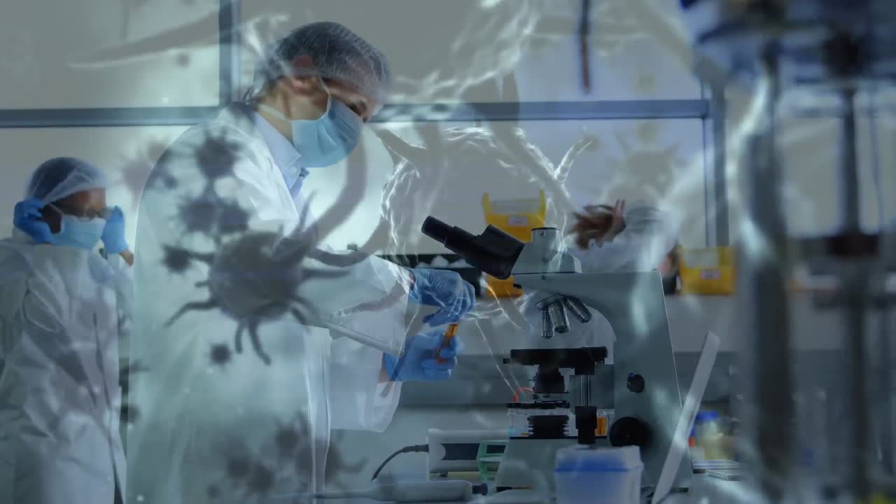 animación de células de coronavirus sobre personas con máscaras faciales en el laboratorio