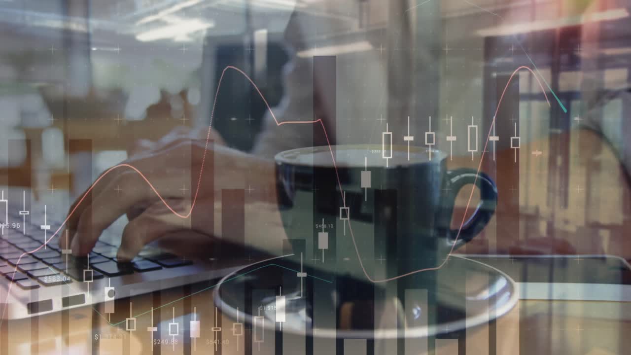Animação de estatísticas e processamento de dados sobre homem usando laptop