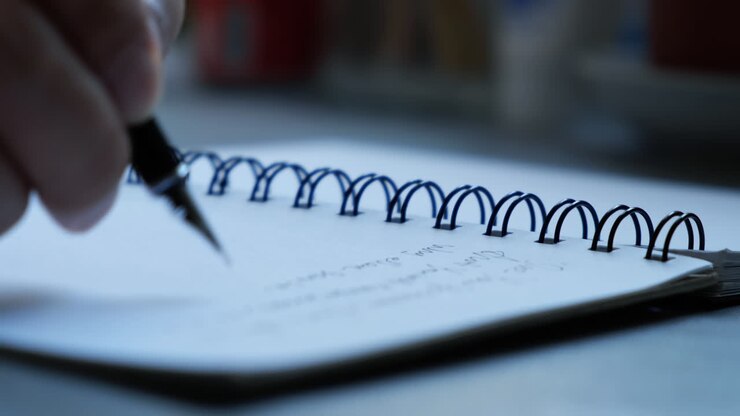 The male is writing on a white textbook with a pen on the desk.