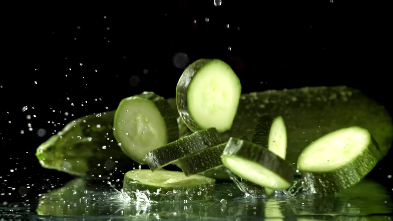 Fette di zucchine verdi che cadono nell'acqua con schizzi su sfondo nero