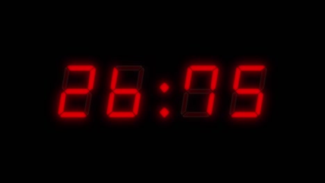 4-digits 30 seconds digital clock countdown timer. red digits on black background. retro digital alarm clock with glow and flashing