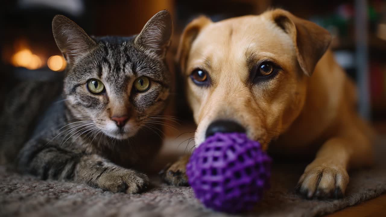 Uma cena emocionante de um gato e um cachorro relaxando juntos com uma bola de brinquedo, capturando seu vínculo único e amizade divertida em um ambiente aconchegante