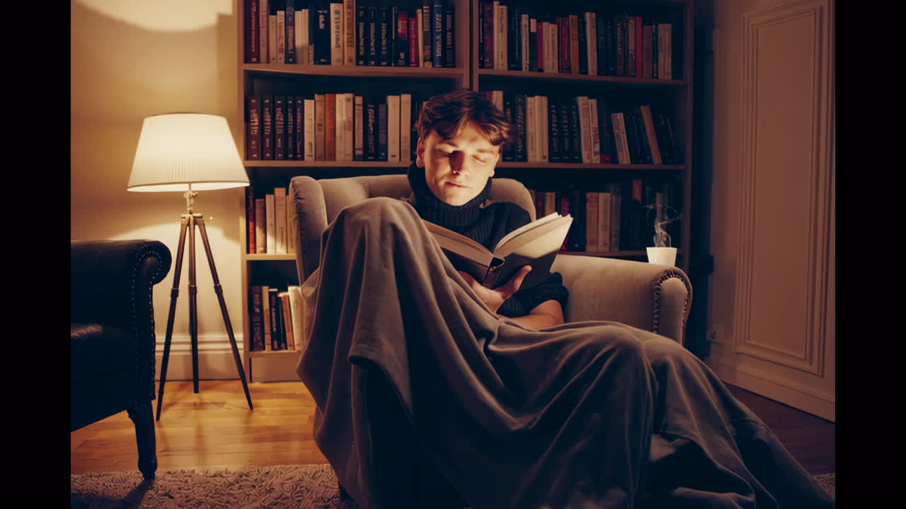 Man Reading in Cozy Library Setting