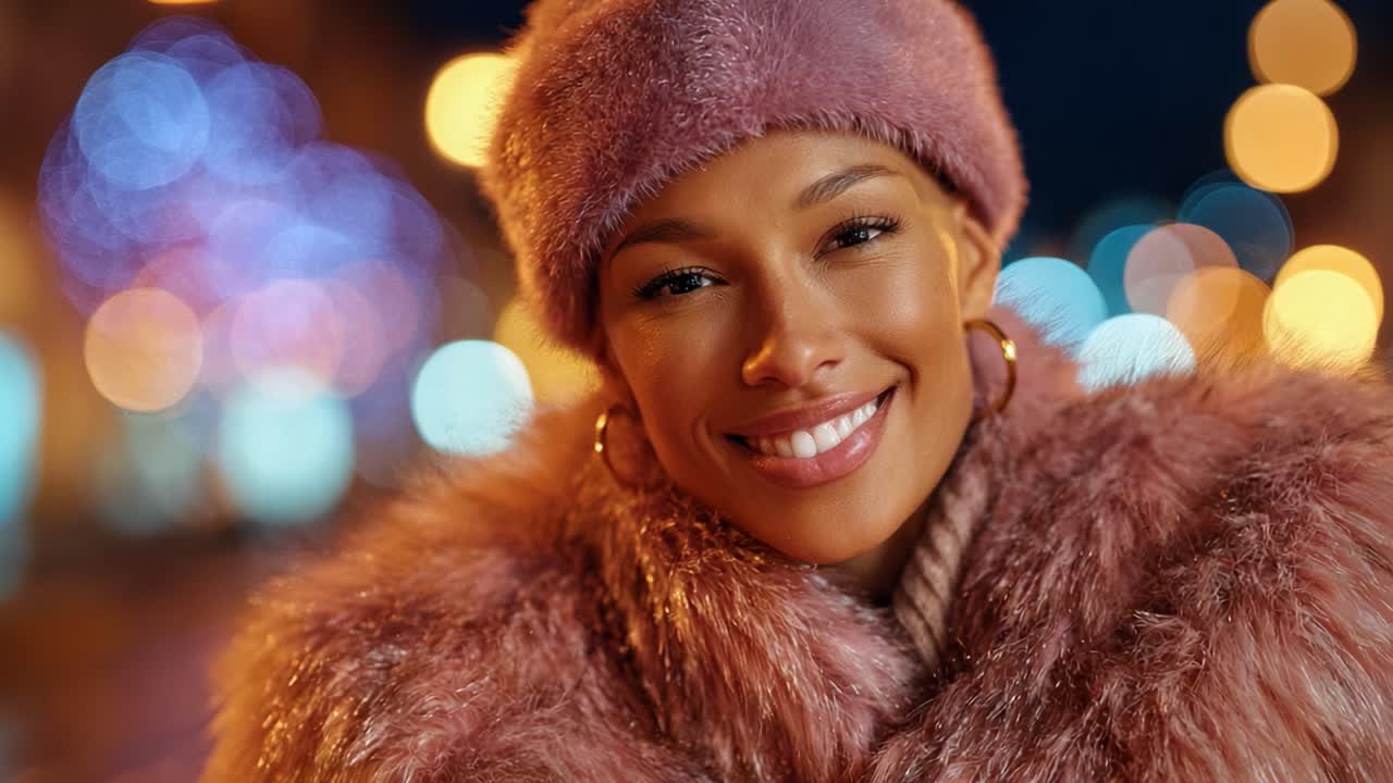 A radiant smile illuminated by city lights, she showcases warmth and style in her winter fashion, capturing the essence of joy and elegance during a nighttime stroll