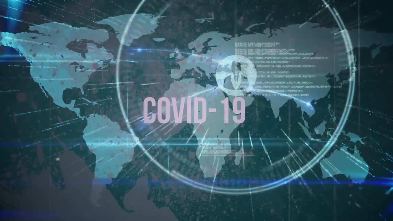 Animación de la palabra Covid-19 parpadeando sobre un mapa mundial con una red de conexión entre personas.