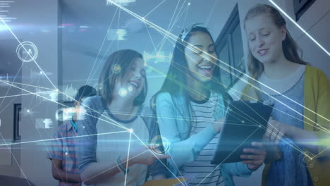 in school, students using tablet with animation of digital network connections