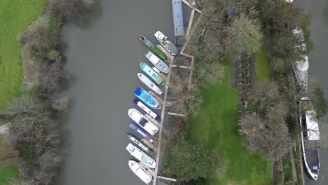 overhead drone overhead birds eye view boats moored walton on thames uk