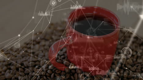 red ceramic coffee mug using roasted beans and showing translucent data overlays in holographic