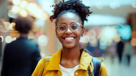 a woman wearing a yellow jacket and glasses smiles at the camera