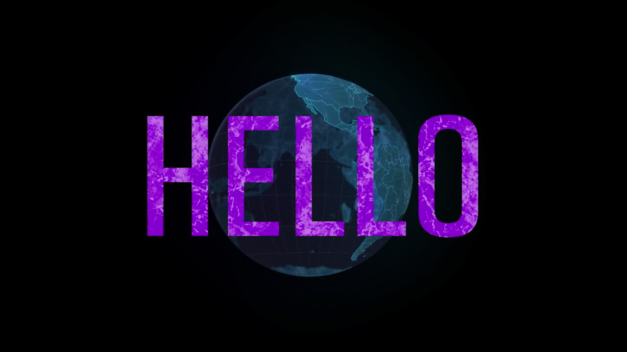 animación del texto de saludo sobre el globo sobre un fondo oscuro