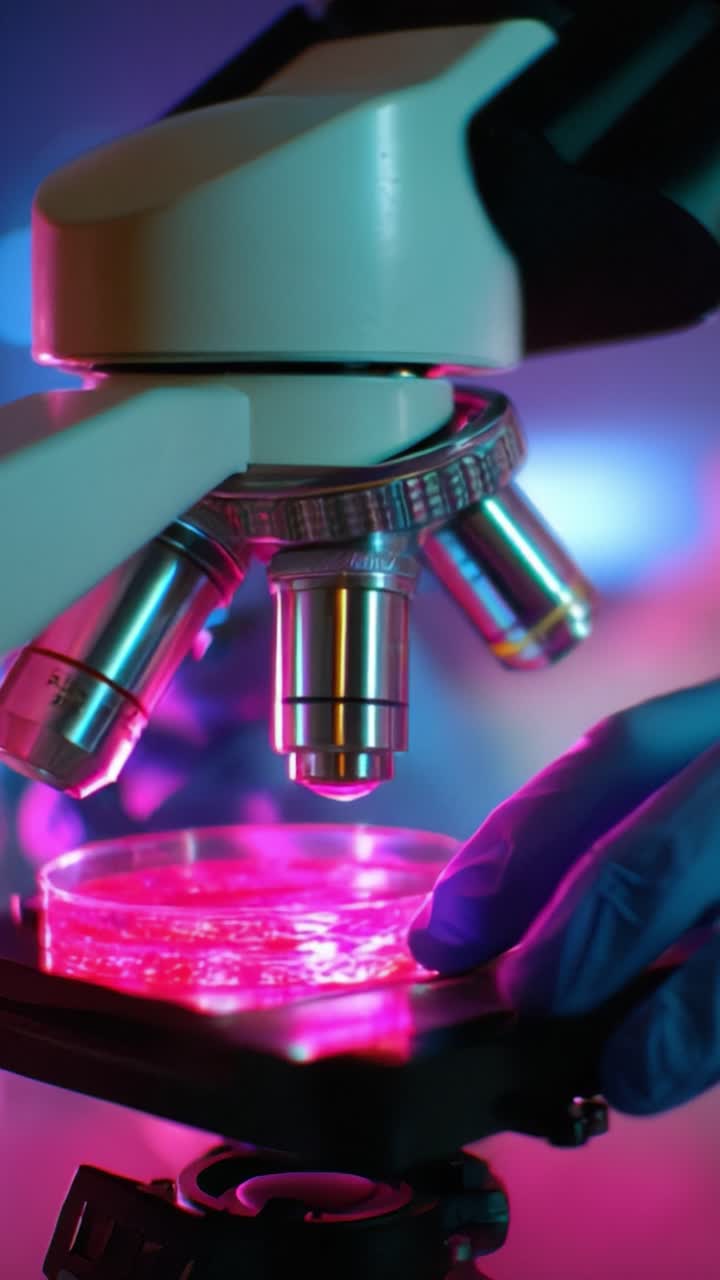 A close-up view of a microscope showcasing vibrant colors and intricate details of a petri dish as research unfolds in a scientific laboratory environment