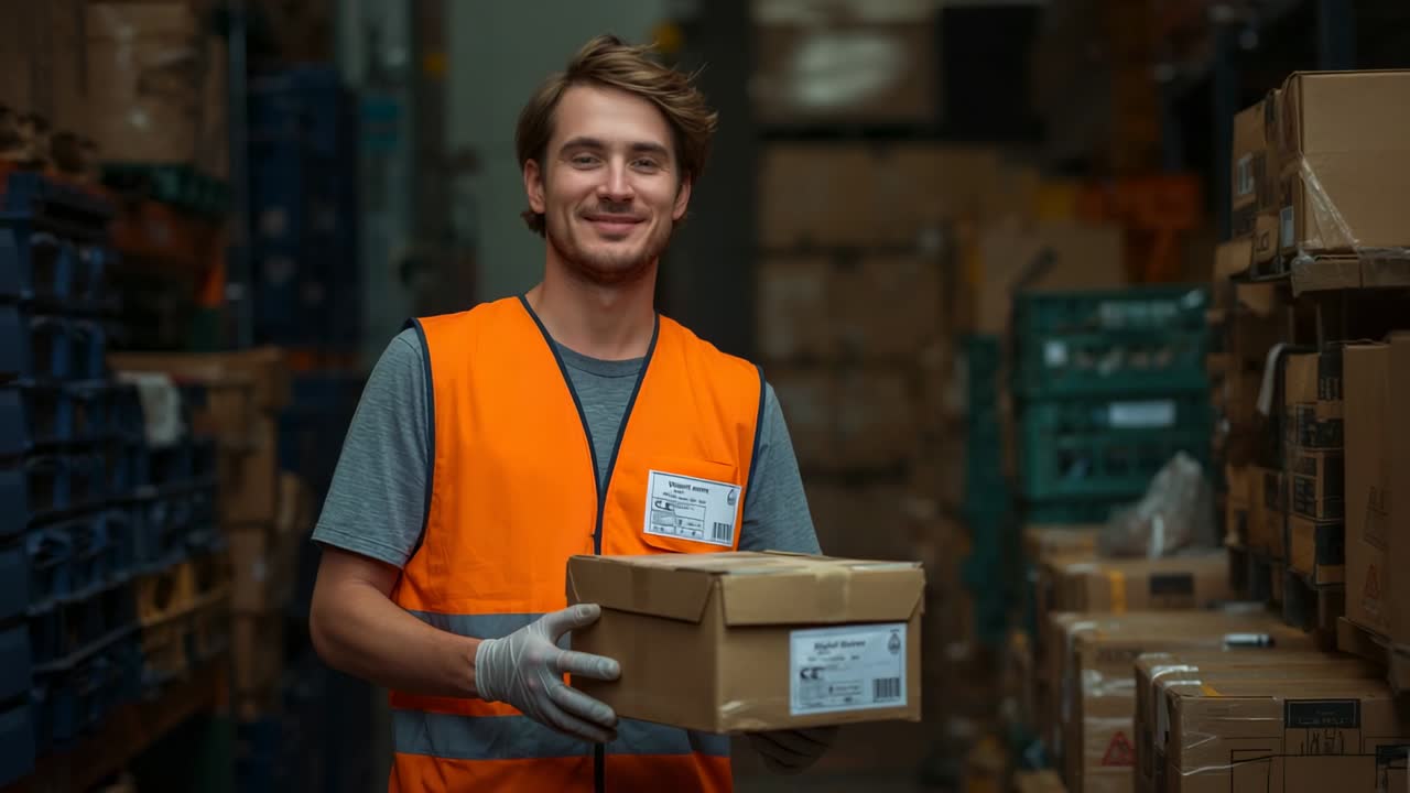 Reading top box label, gloved aisle worker lifting gaze toward camera, adjusting grip for shipment
