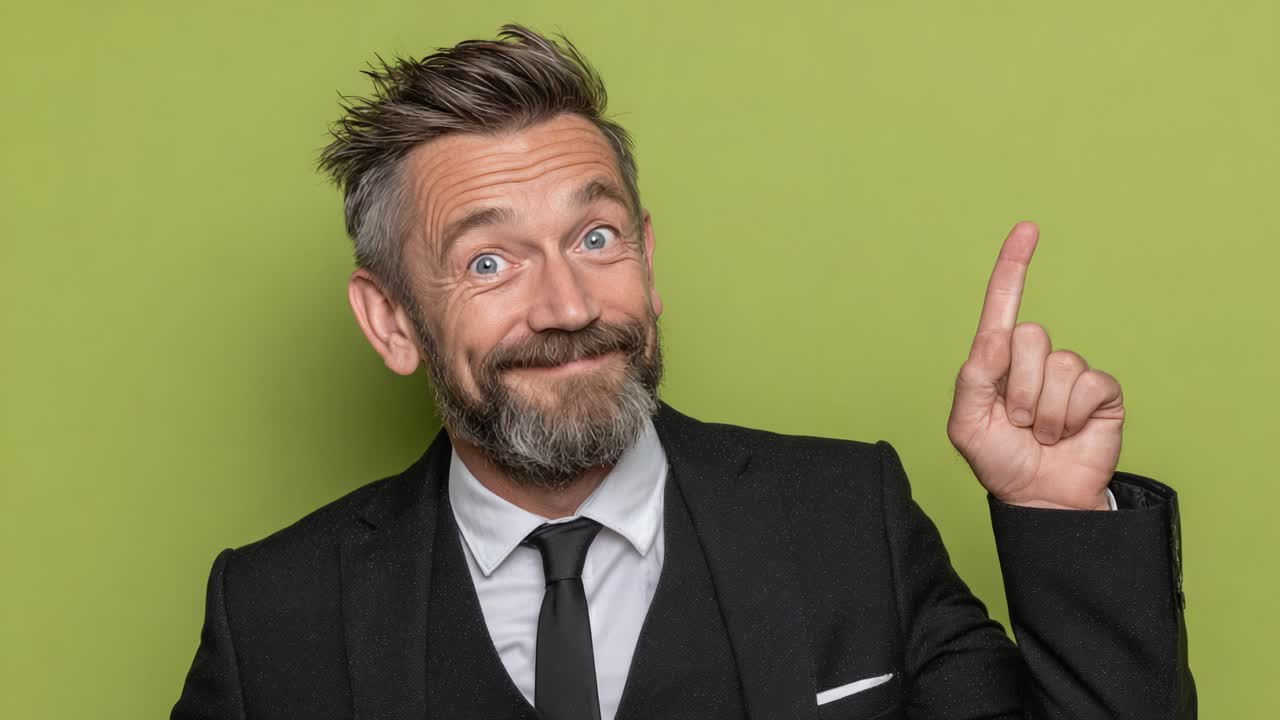 Glad mand i sort jakkesæt med skæg, der peger opad mod en levende grøn baggrund, udstrålende selvtillid og positivitet på en legende, engagerende måde.