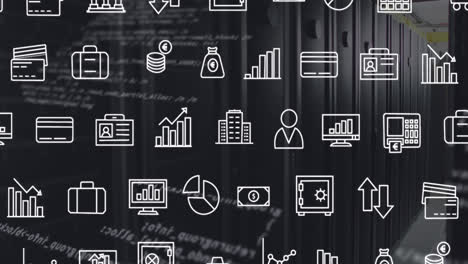 animation of interface with digital icons and data processing against computer server room