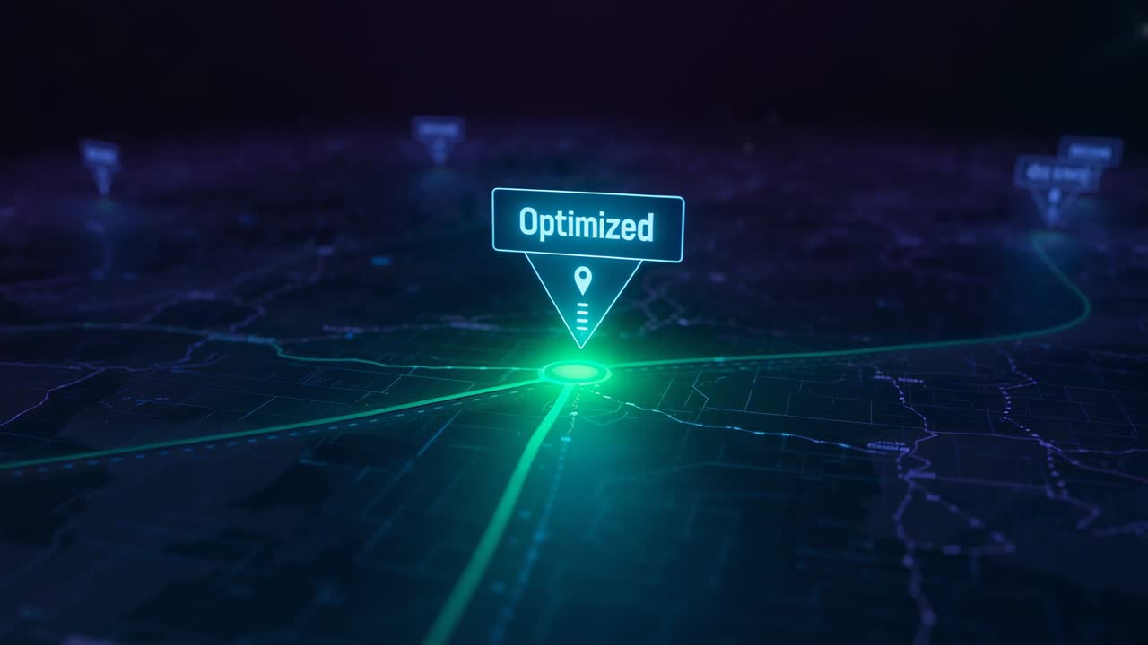 Animating view centering on green node on map, highlighting Optimized label with dashed connectors