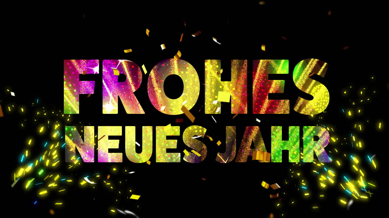 흑색 배경에 frohes neues jahr 텍스트와 콘페티의 애니메이션