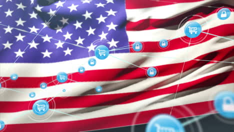 animation of network of connections with icons and flag of usa