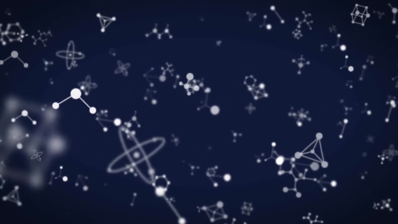 animación de múltiples moléculas y elementos químicos flotando sobre un fondo azul