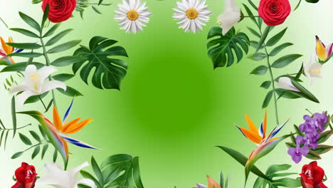 floral arrangement with roses, orchids and tropical leaves