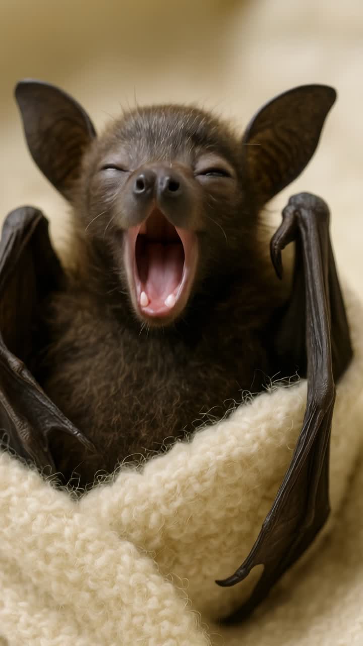 Close-up of a yawning bat wrapped in a cozy blanket, captured from a front angle