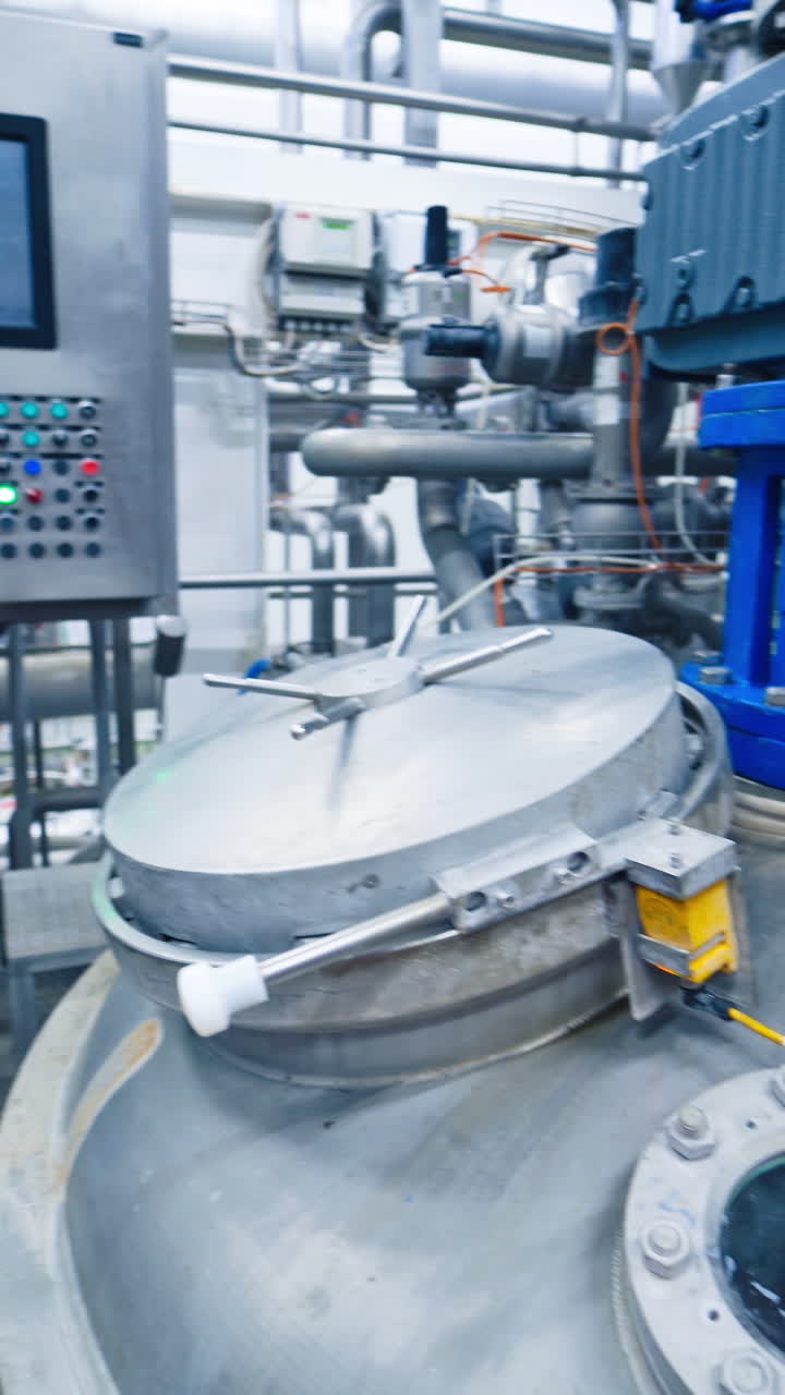 Equipment at dairy plant. Modern complex industrial equipment for milk production. Vertical video