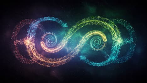 a vibrant journey through infinite patterns: captivating swirls of light and color in cosmic harmony reflecting the essence of infinity and transformation