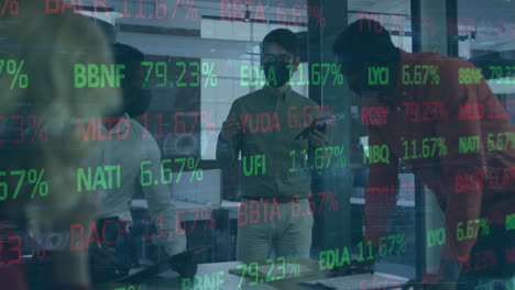animation of financial data processing over diverse business people in office