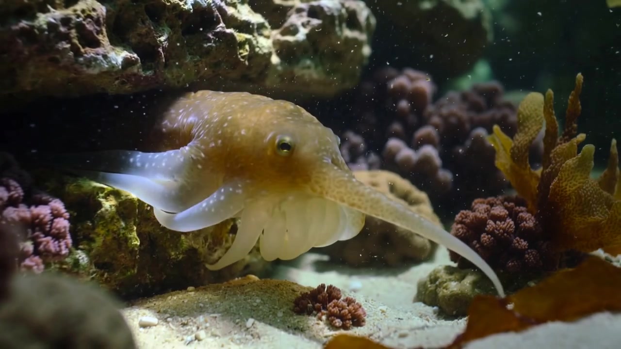 砂地のサンゴ礁水槽へ岩の張り出しから姿を現すコウイカが、腕を伸ばして獲物を探っている。