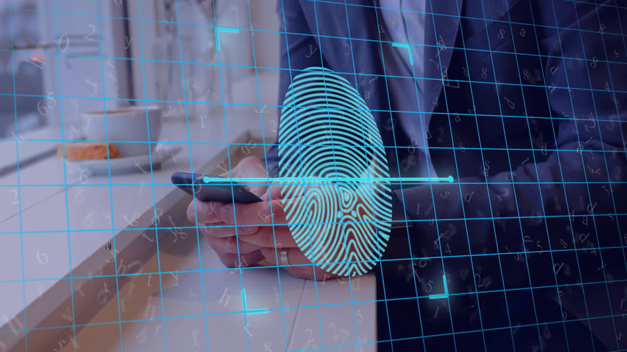 Businessman tapping smartphone at desk showcasing fintech security using digital fingerprint grid