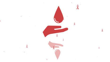 animation of hands with waterdrop and cancer ribbons icons over white background